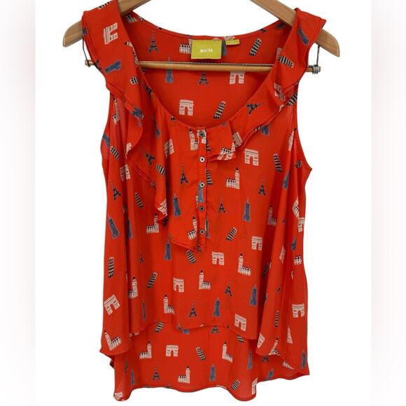 Maeve Anthropologie Aurelie Landmarks Sleeveless Ruffle Blouse Orange Size 8P - Picture 1 of 4